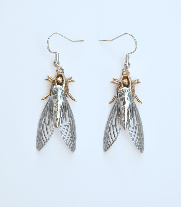 Sterling silver cicada and cicada shell earrings, nature-inspired insect jewelry