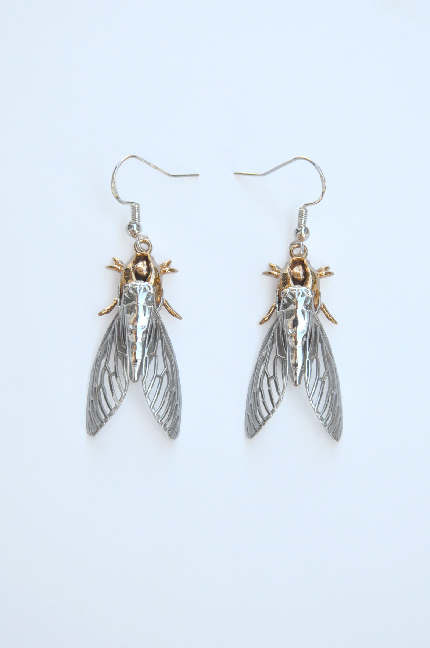 Sterling silver cicada and cicada shell earrings, nature-inspired insect jewelry