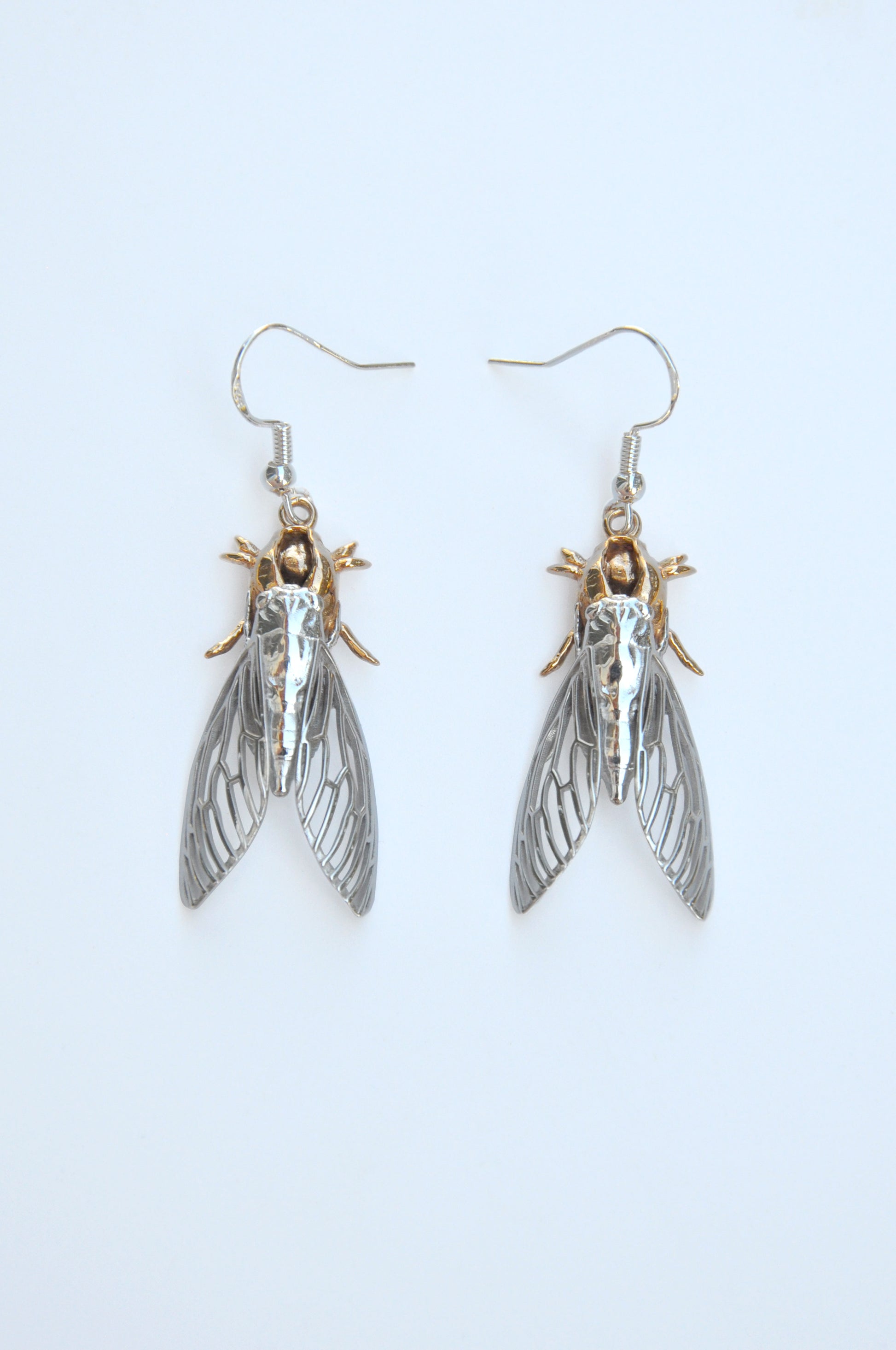 Sterling silver cicada and cicada shell earrings, nature-inspired insect jewelry