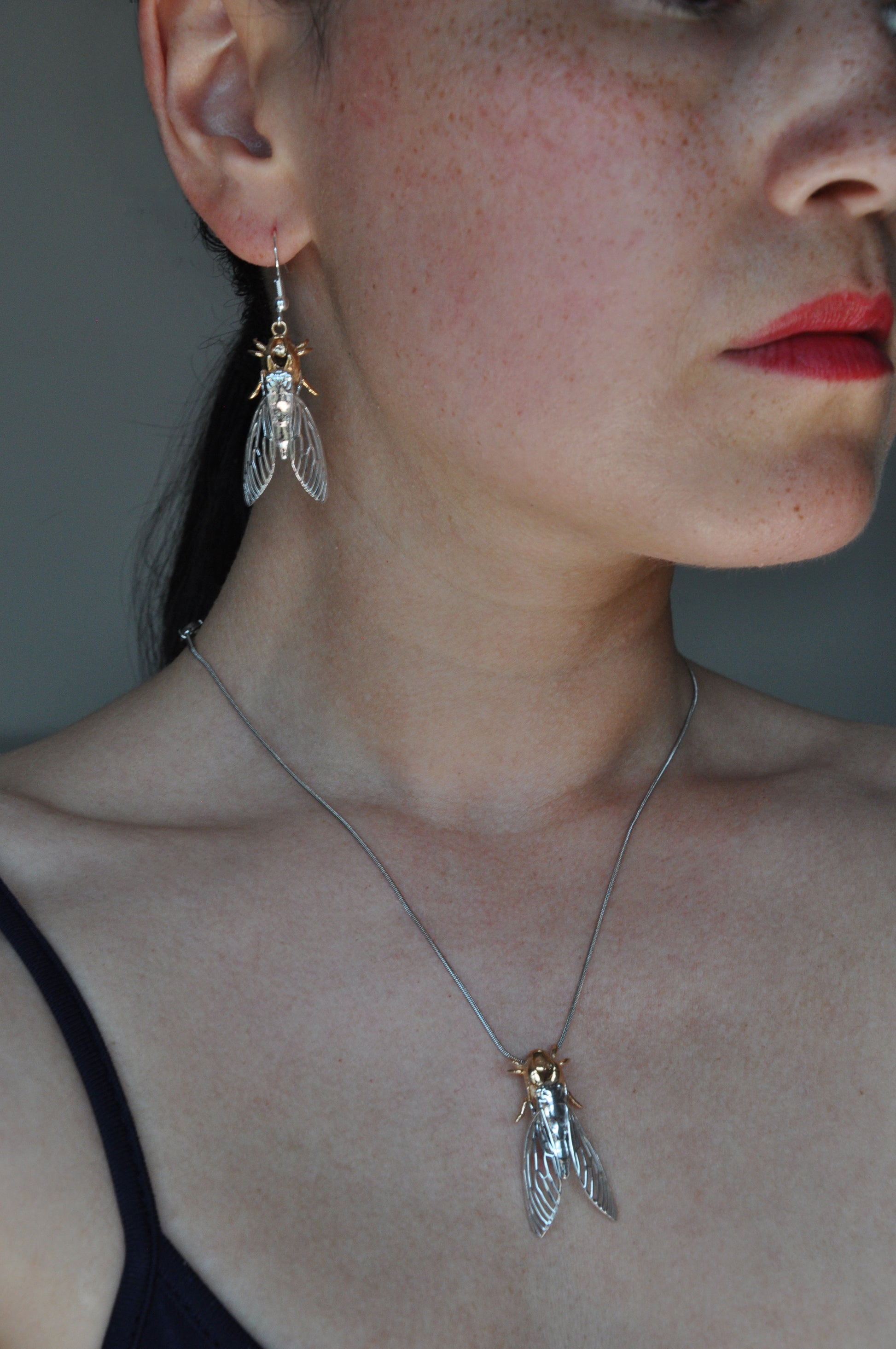 Detailed cicada and shell drop earrings, artisan silver insect earrings