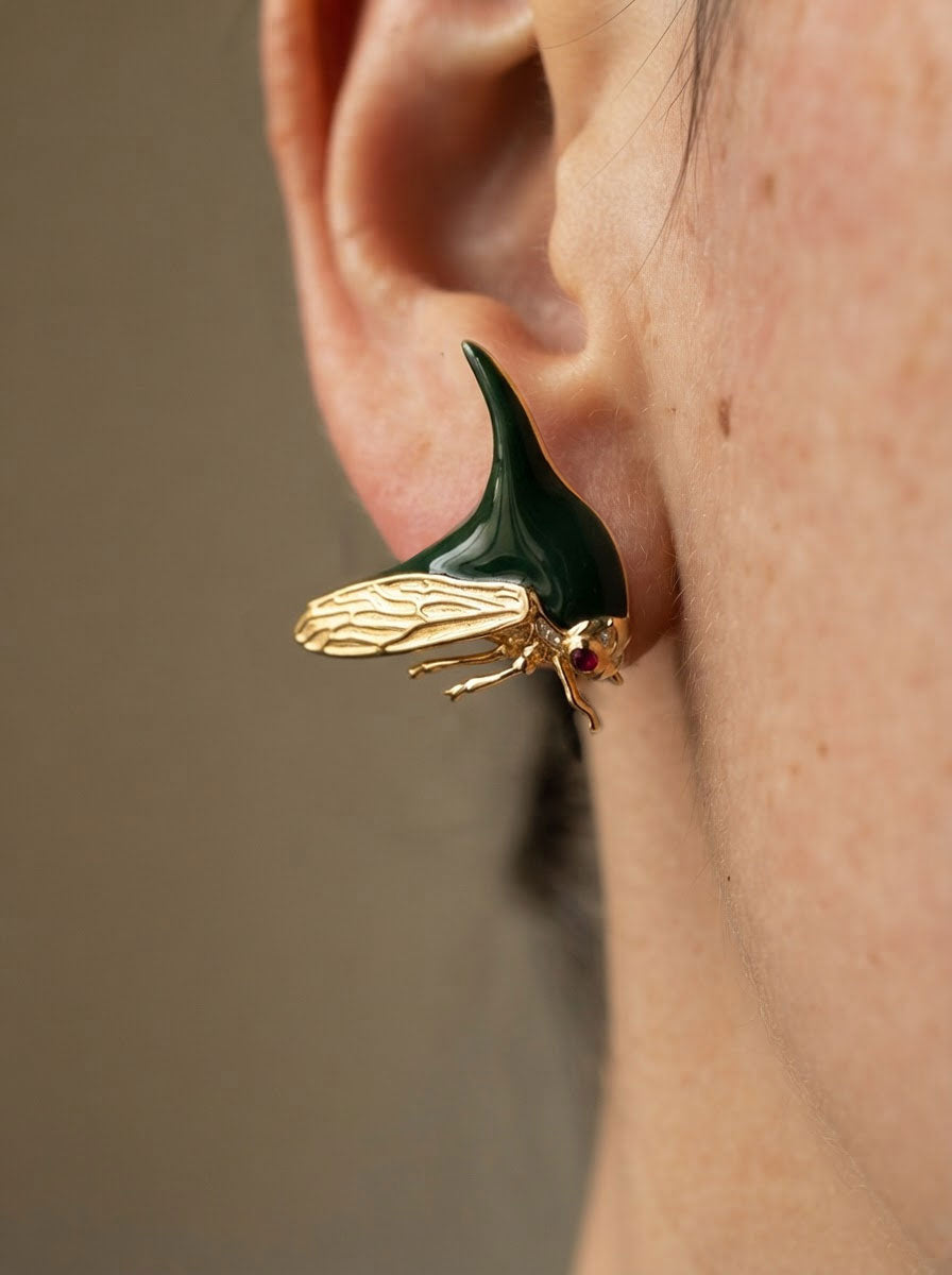 Treehopper Stud Earrings – Deep Green Enamel & Gold‑Plated | Nature‑Inspired Insect Jewelry - Earrings