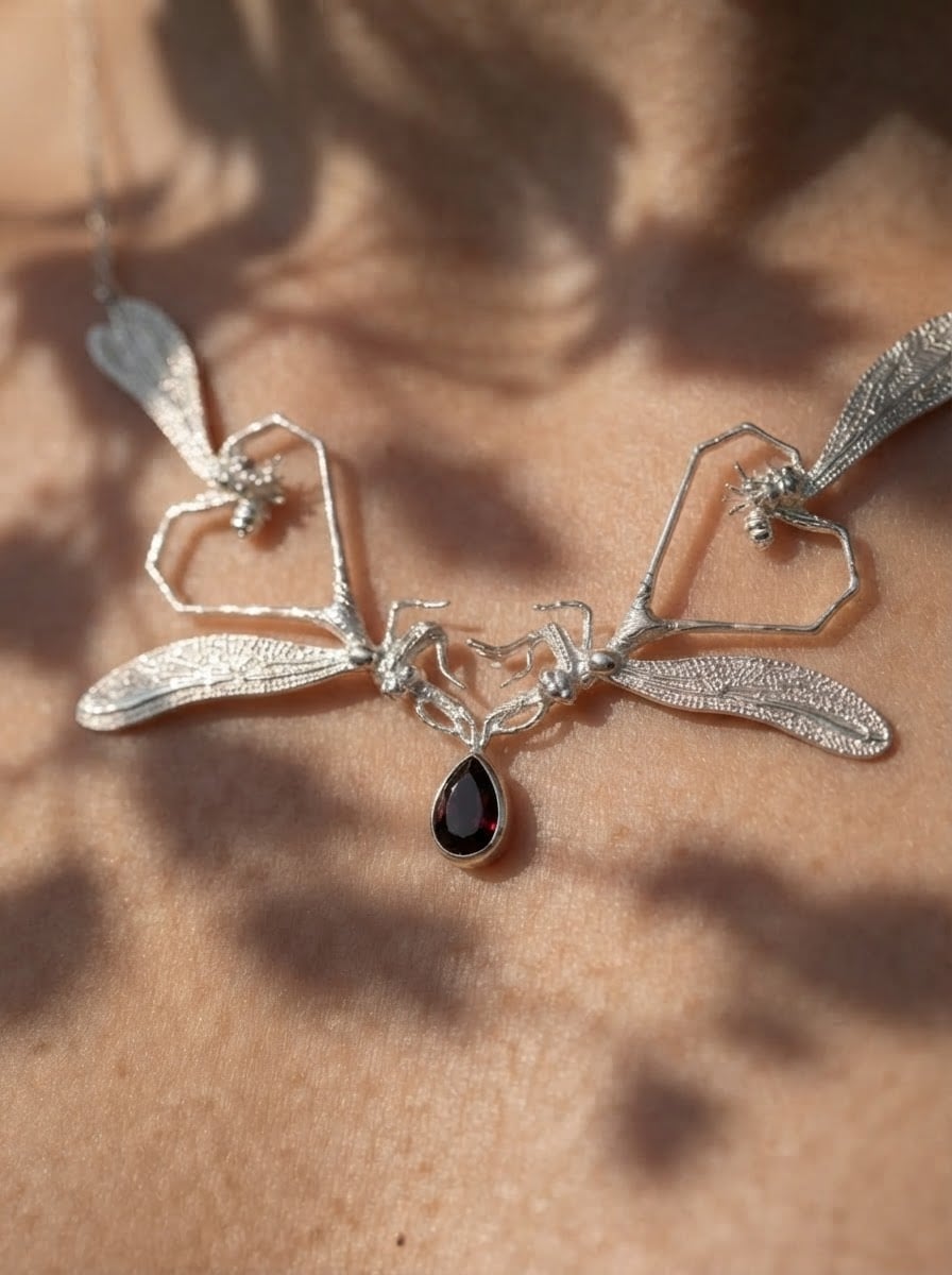 Dragonfly Love Necklace — Gold or Silver with Pear‑Cut Stone