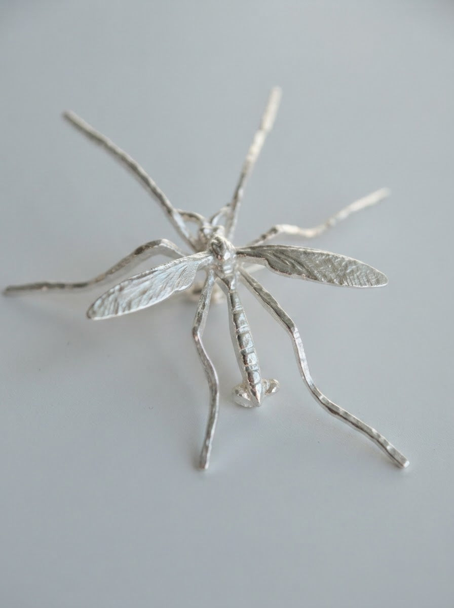 Crane Fly Brooch — Sterling Silver or 14k Gold‑Plated | Sculptural Insect Jewelry