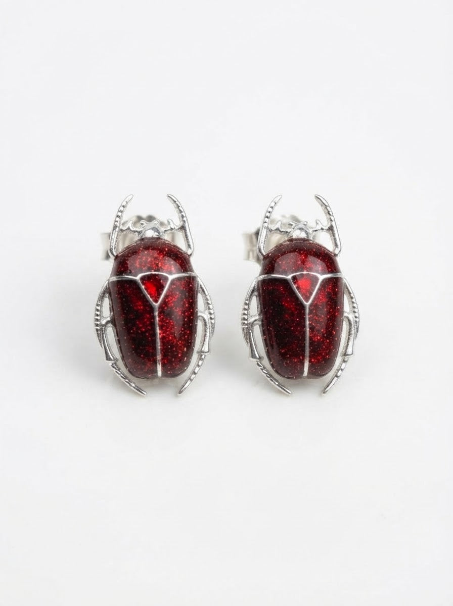 Glossy Dark Red Enamel Flower Beetle Stud Earrings – Nature Inspired Insect Jewelry