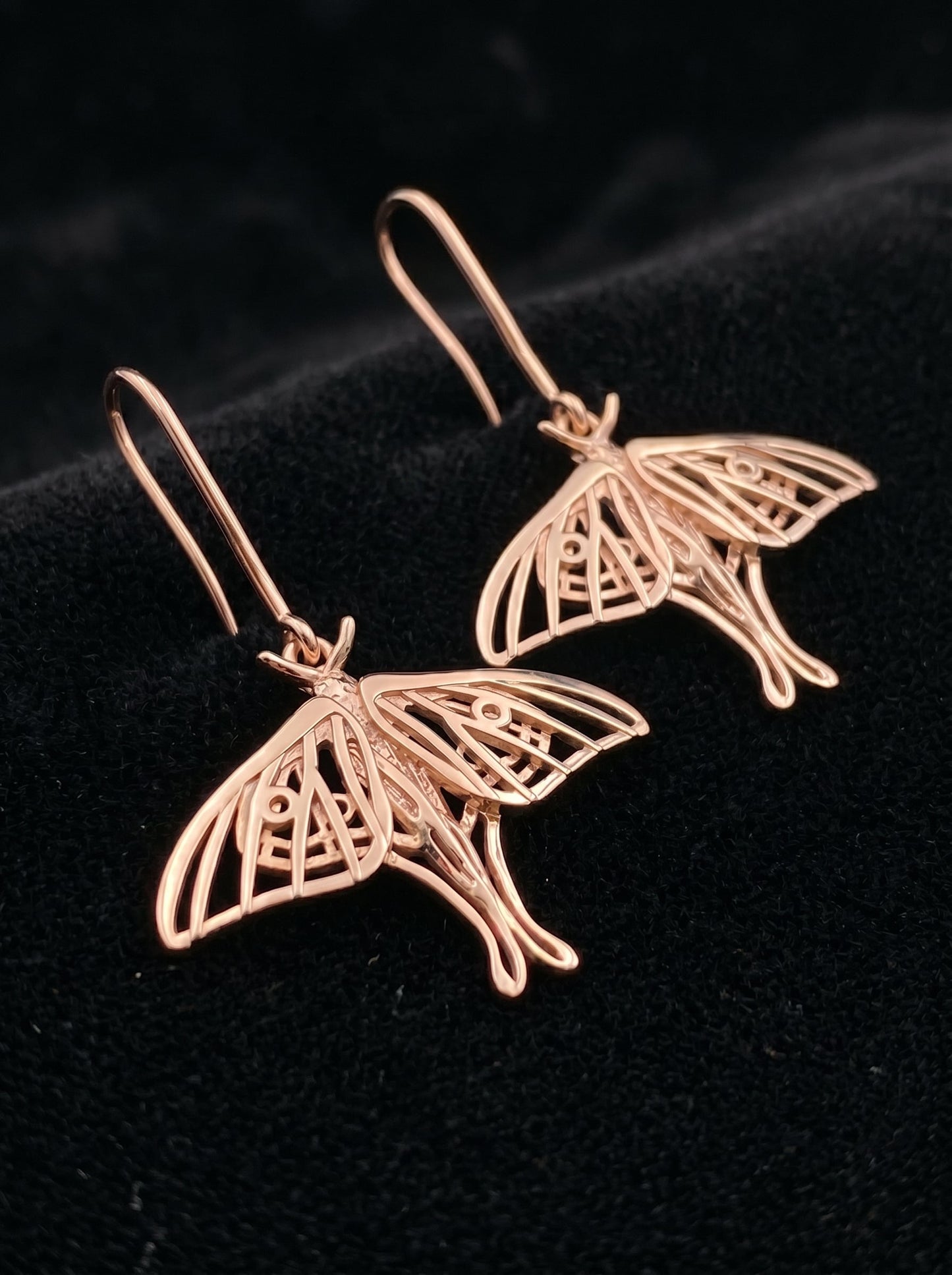 Custom Luna Moth Earrings (Hooks, 14k Rose‑Gold Plated)