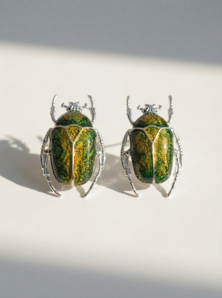 Green & Yellow Enamel Flower Beetle Stud Earrings – Sculptural Insect Jewelry