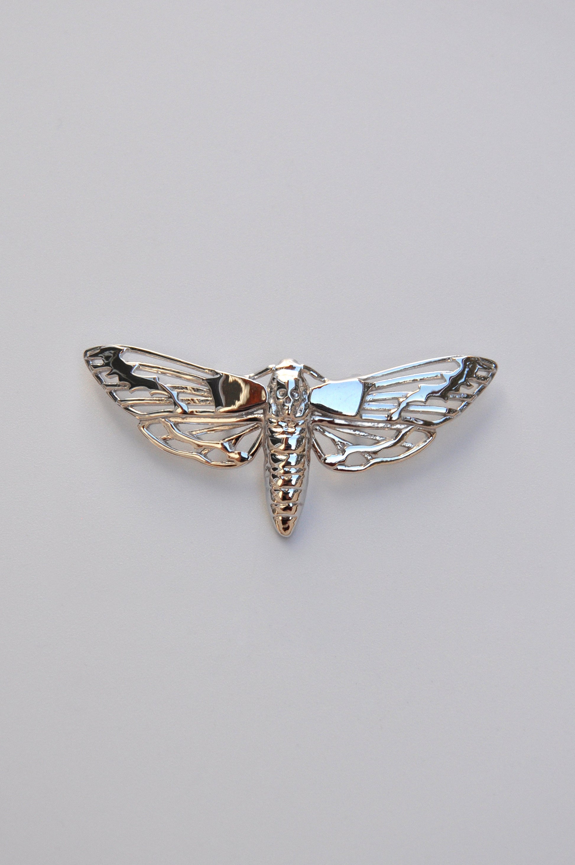 Front view of the Death’s-head Hawk Moth pendant in sterling silver on a white background, showing intricate skull and wing details.