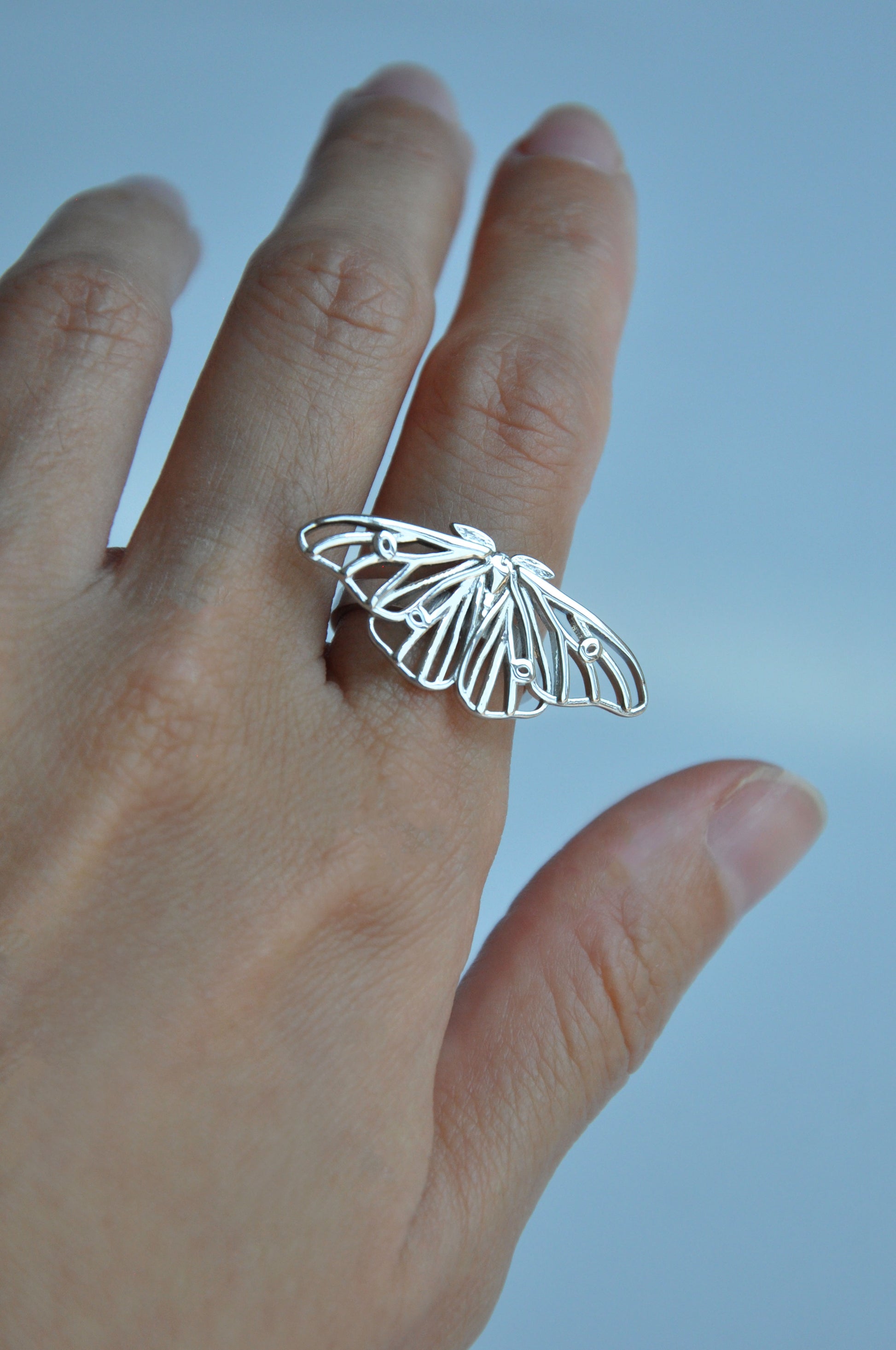 Handcrafted delicate silk moth ring in sterling silver, perfect insect jewelry for nature lovers