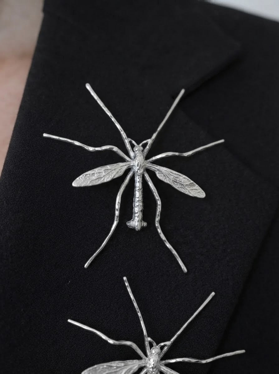 Crane Fly Brooch — Sterling Silver or 14k Gold‑Plated | Sculptural Insect Jewelry