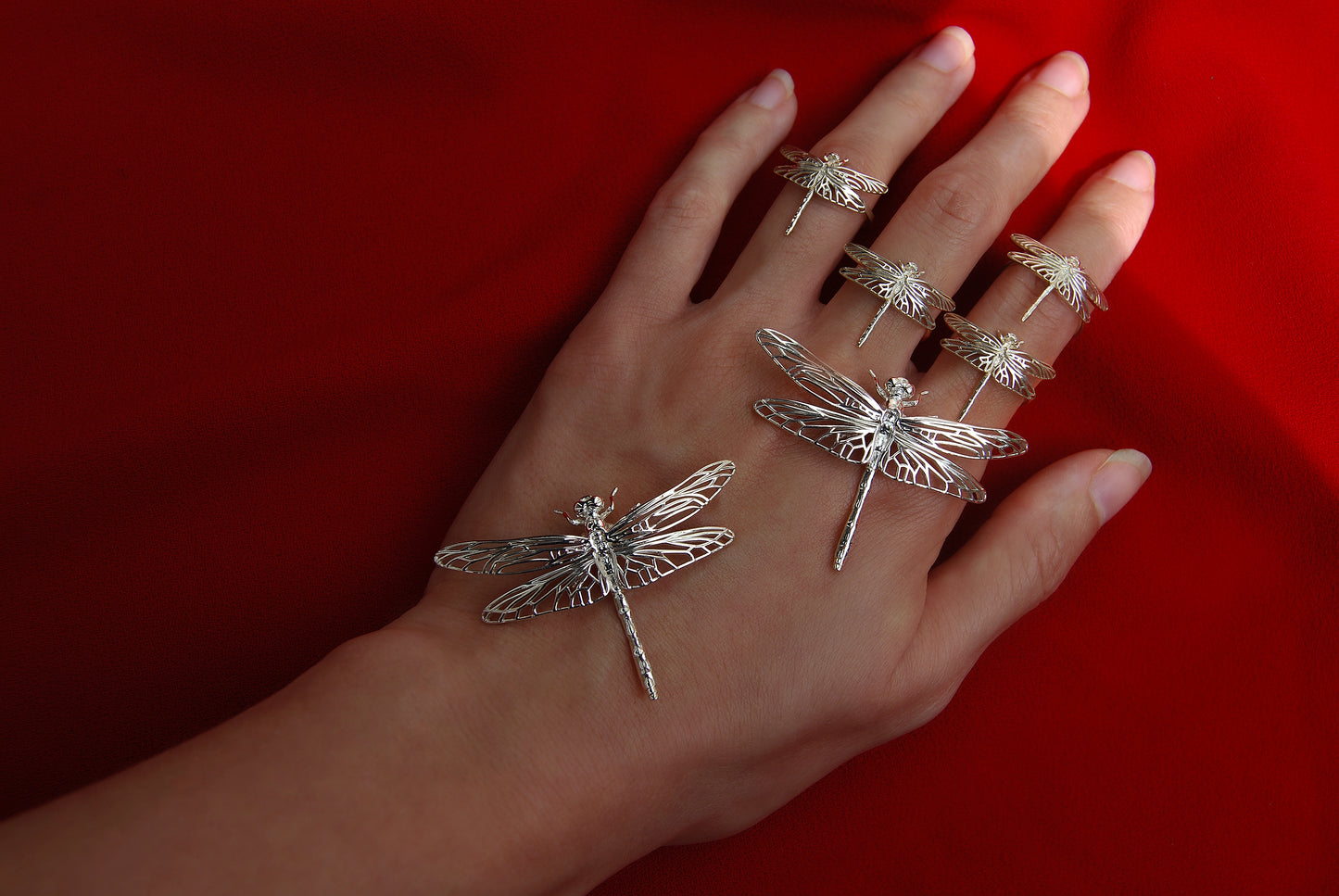 Collection of detailed handcrafted dragonfly pendants and rings on a red background, bug-themed jewelry.