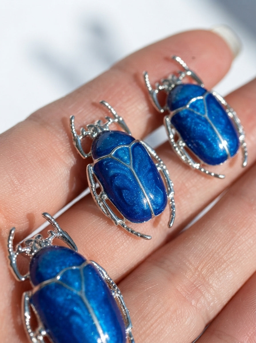 Blue Enamel Flower Beetle Stud Earrings – Sculptural Insect Jewelry
