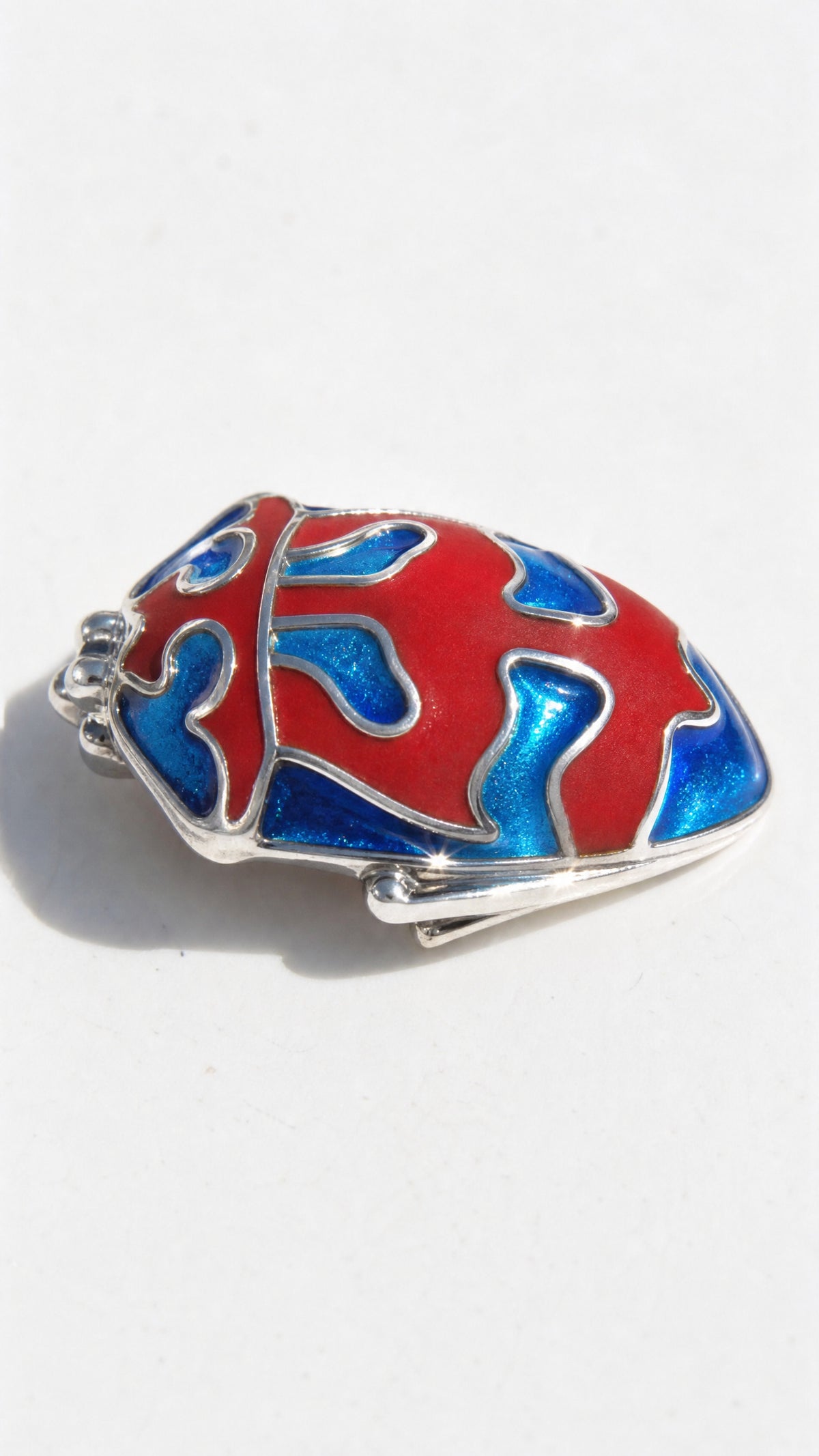 Harlequin Shield Bug Pendant – Matte Red & Shiny‑Blue Enamel