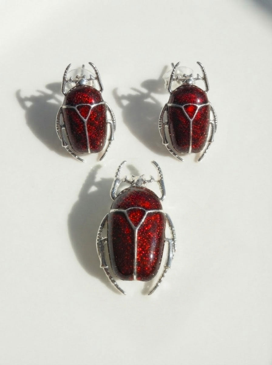 Glossy Dark Red Enamel Flower Beetle Stud Earrings – Nature Inspired Insect Jewelry