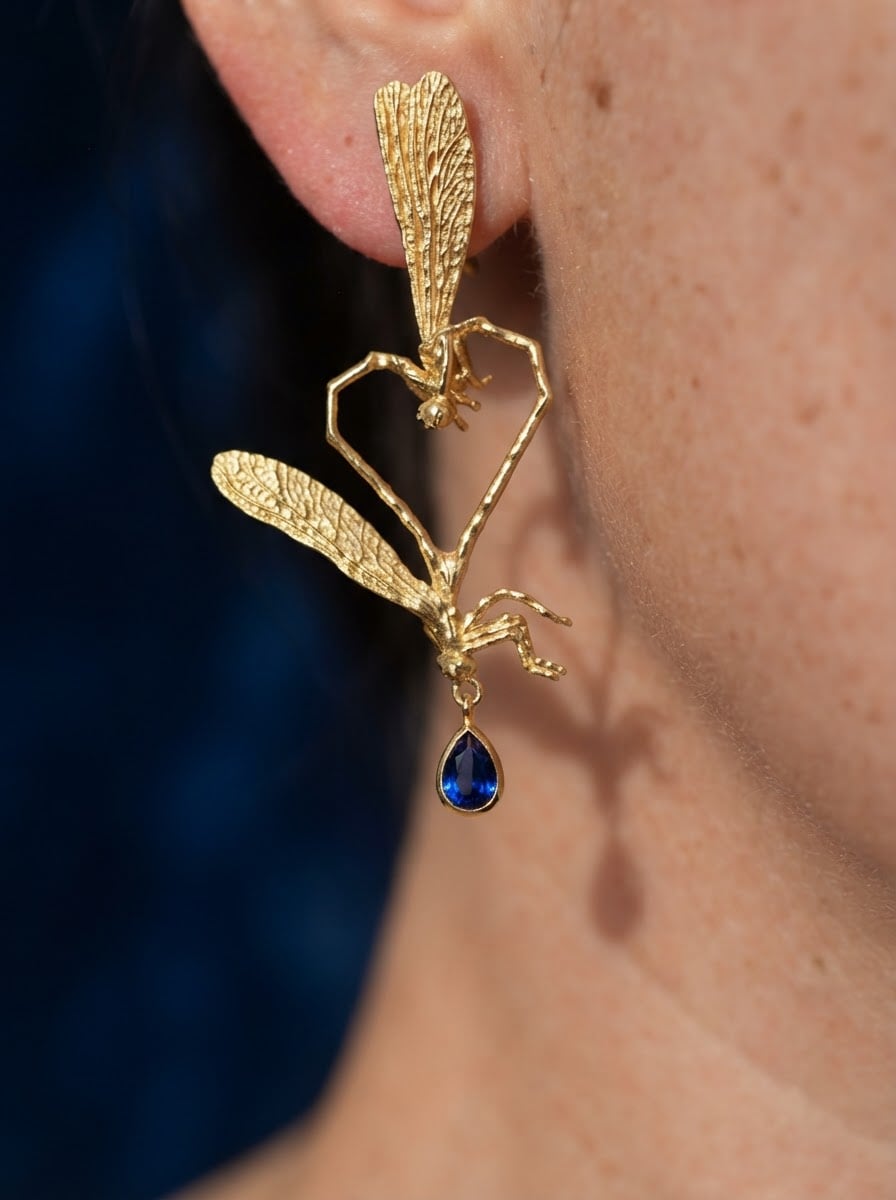Dragonfly Love Stud Earrings — Gold‑Plated Brass or Gold‑Plated Sterling Silver with Blue Pear‑Cut Stone