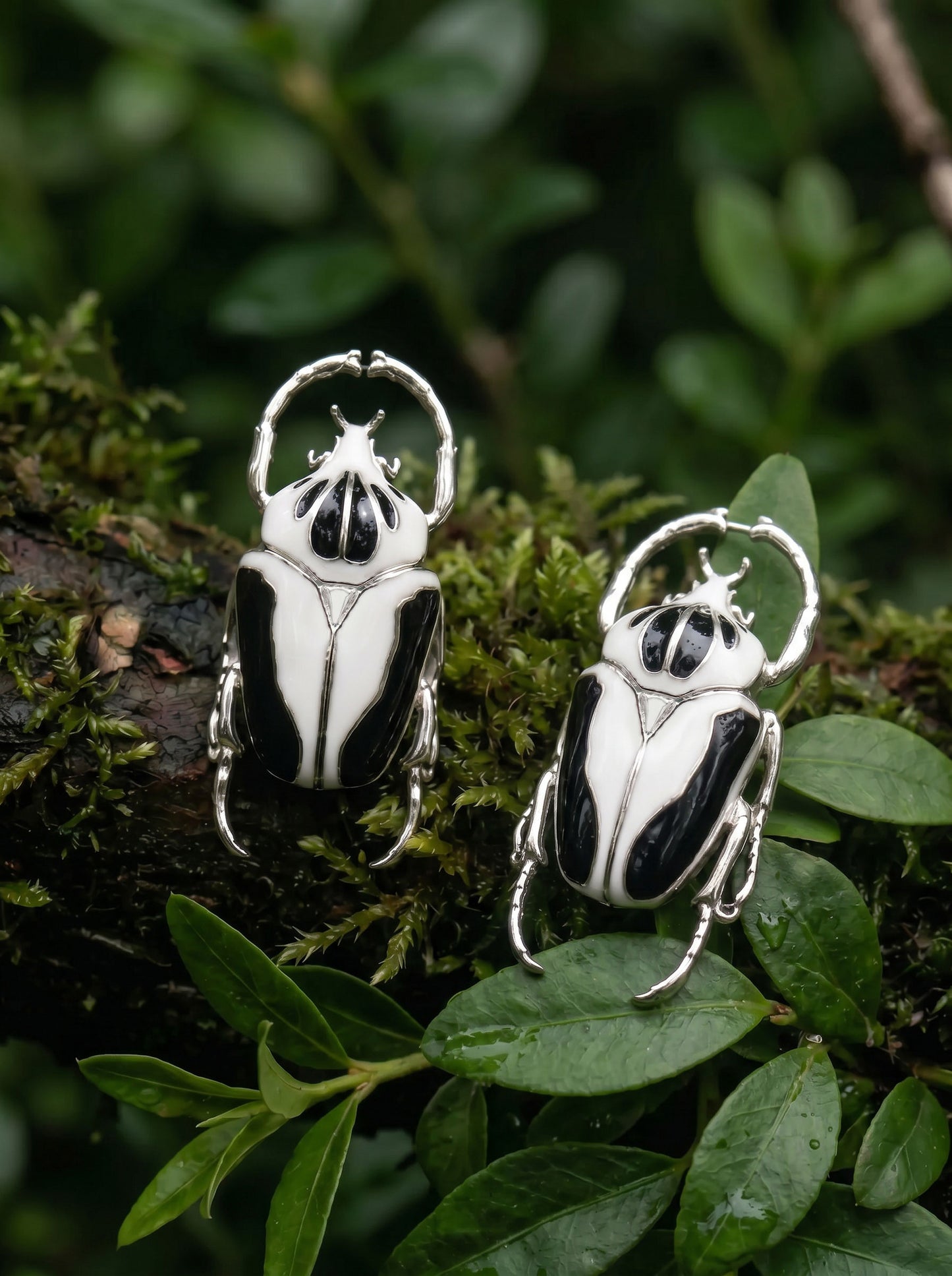 Goliath Beetle Stud Earrings — Sterling Silver or 14k Gold‑Plated with Black & White Enamel