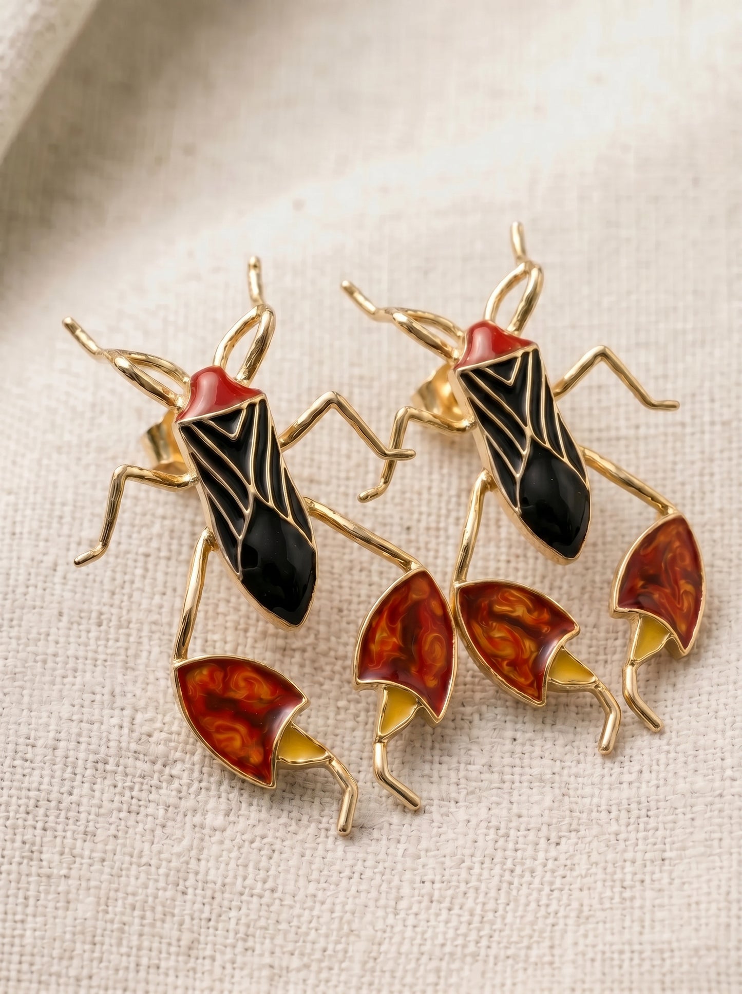 Leaf‑Footed Bug Stud Earrings – Enamel Finish | Nature‑Inspired Sculptural Jewelry