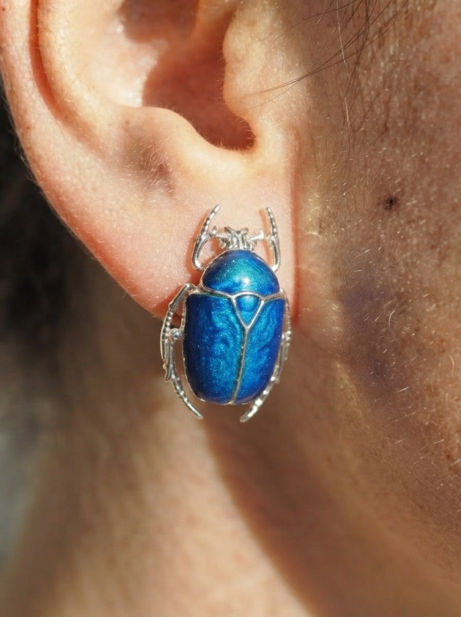 Blue Enamel Flower Beetle Stud Earrings – Sculptural Insect Jewelry