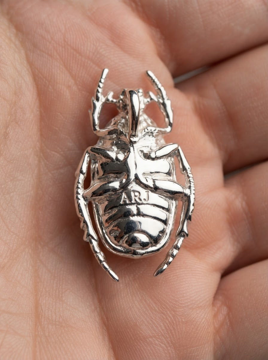 Green & Yellow Enamel Flower Beetle Pendant – Sculptural Insect Jewelry