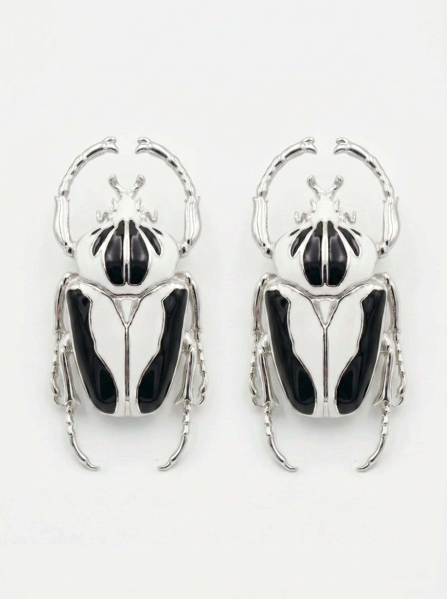 Goliath Beetle Stud Earrings — Sterling Silver or 14k Gold‑Plated with Black & White Enamel