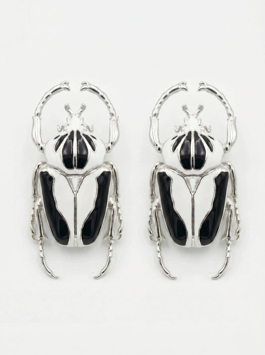 Goliath Beetle Stud Earrings — Sterling Silver or 14k Gold‑Plated with Black & White Enamel