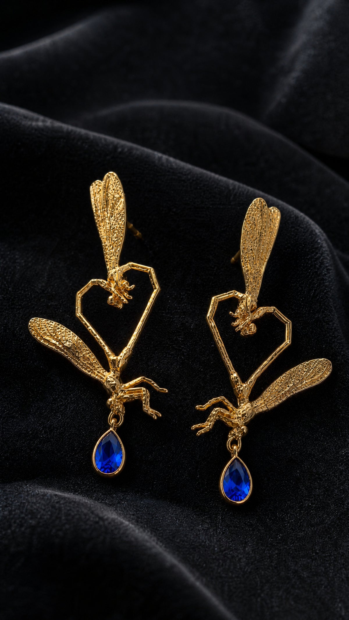 Dragonfly Love Stud Earrings — Gold‑Plated Brass or Gold‑Plated Sterling Silver with Blue Pear‑Cut Stone