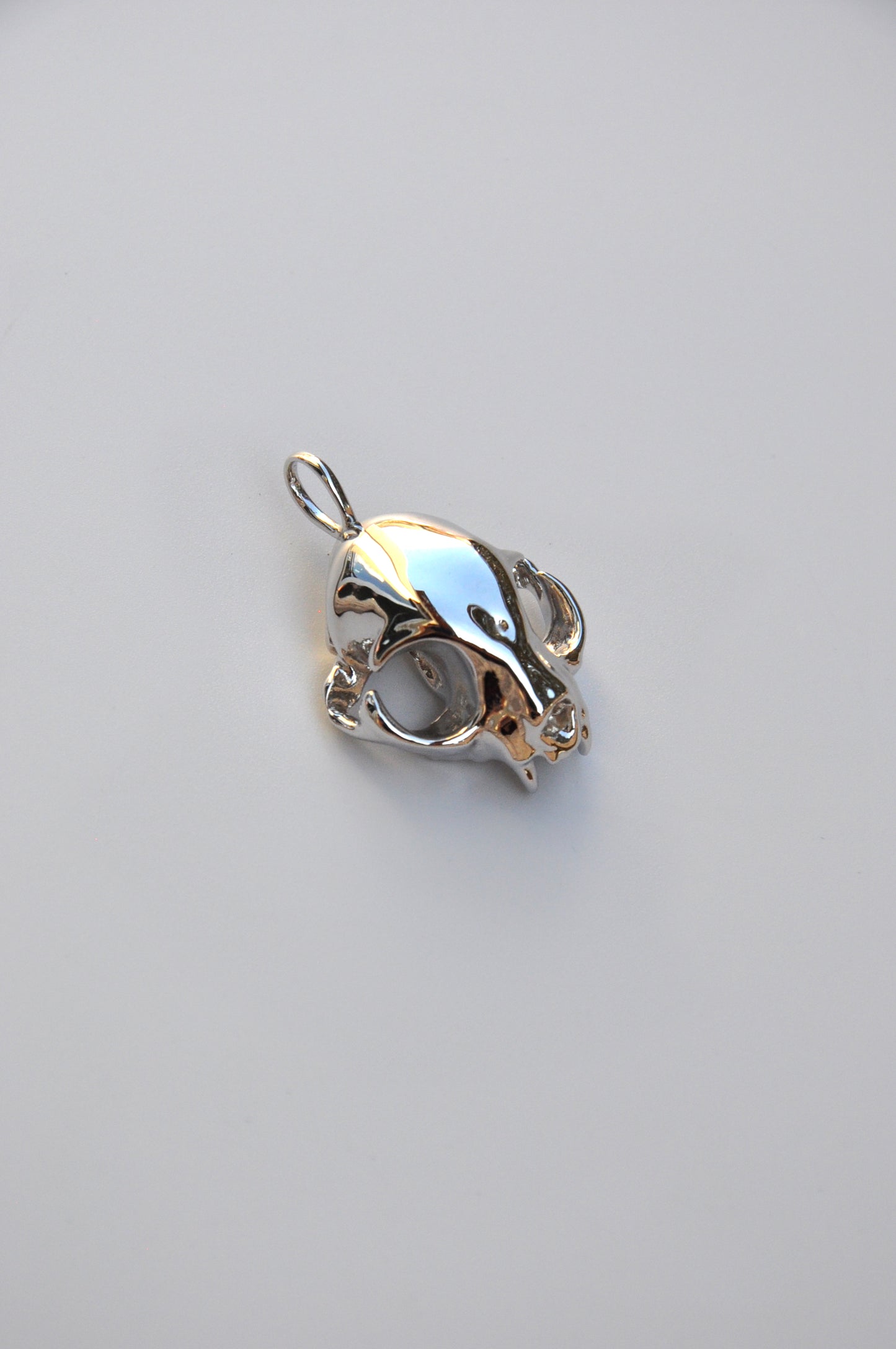 Back view of the silver feline skull earrings on a white background, showing earring clasps and finish.