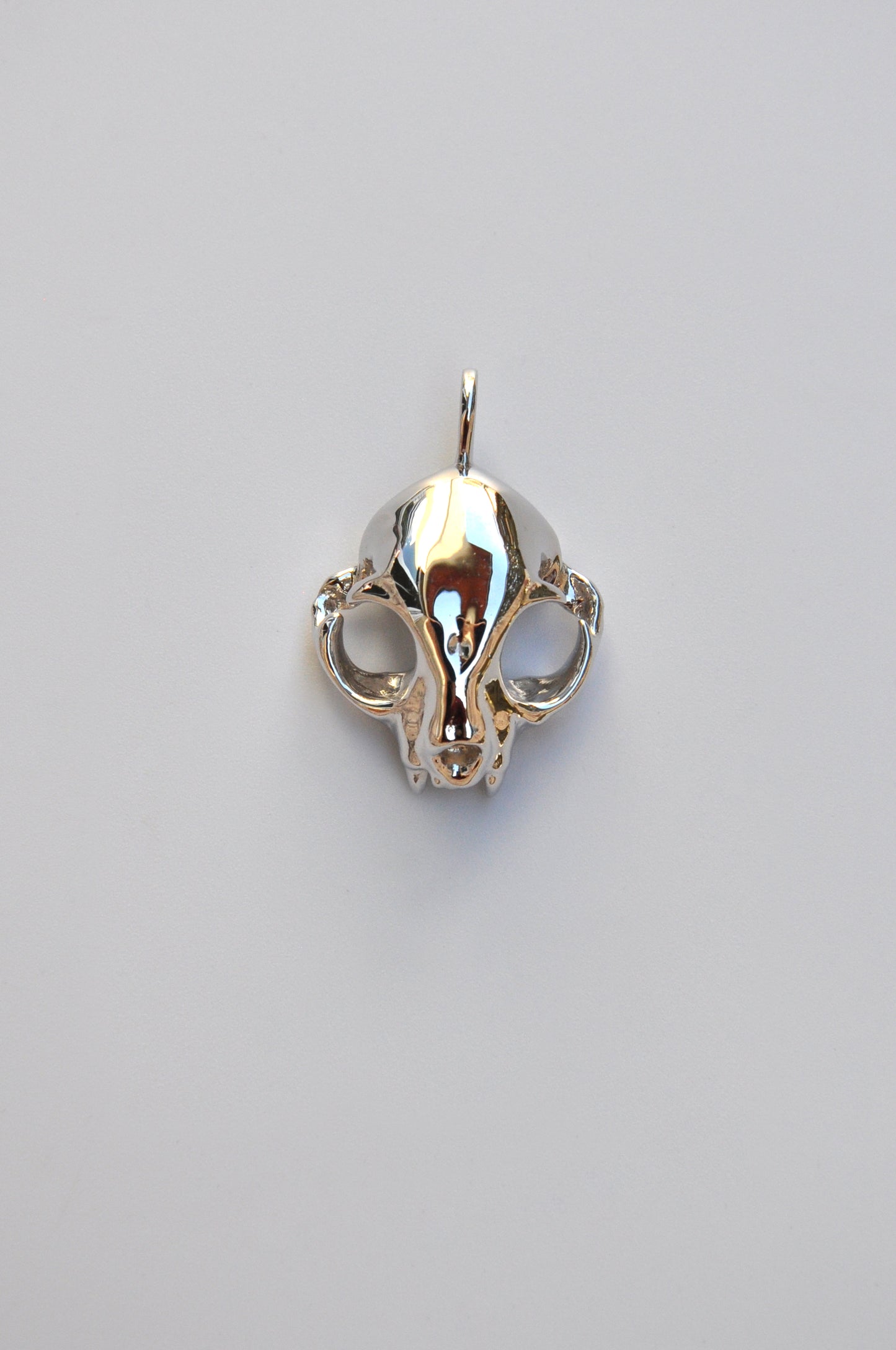 Front view of the silver feline skull pendant on a white background, showcasing detailed craftsmanship.