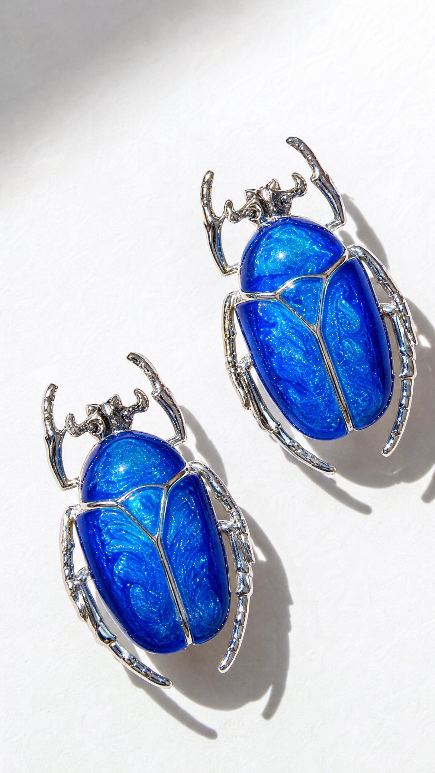 Blue Enamel Flower Beetle Stud Earrings – Sculptural Insect Jewelry