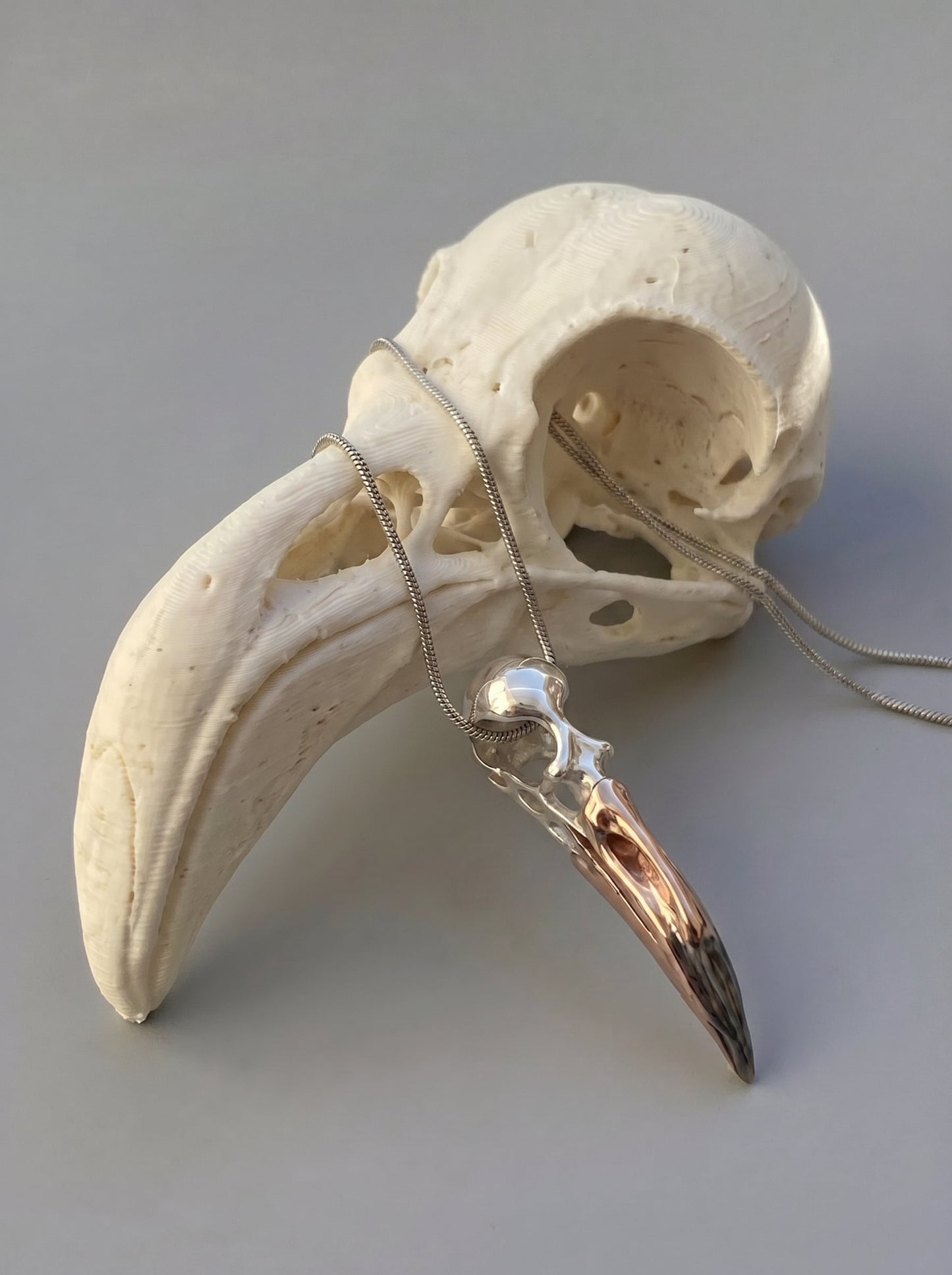 Flamingo Skull Pendant in sterling silver with black rhodium and rose-gold accents draped over a sculptural bird skull display, highlighting anatomical inspiration and polished metallic contrast.