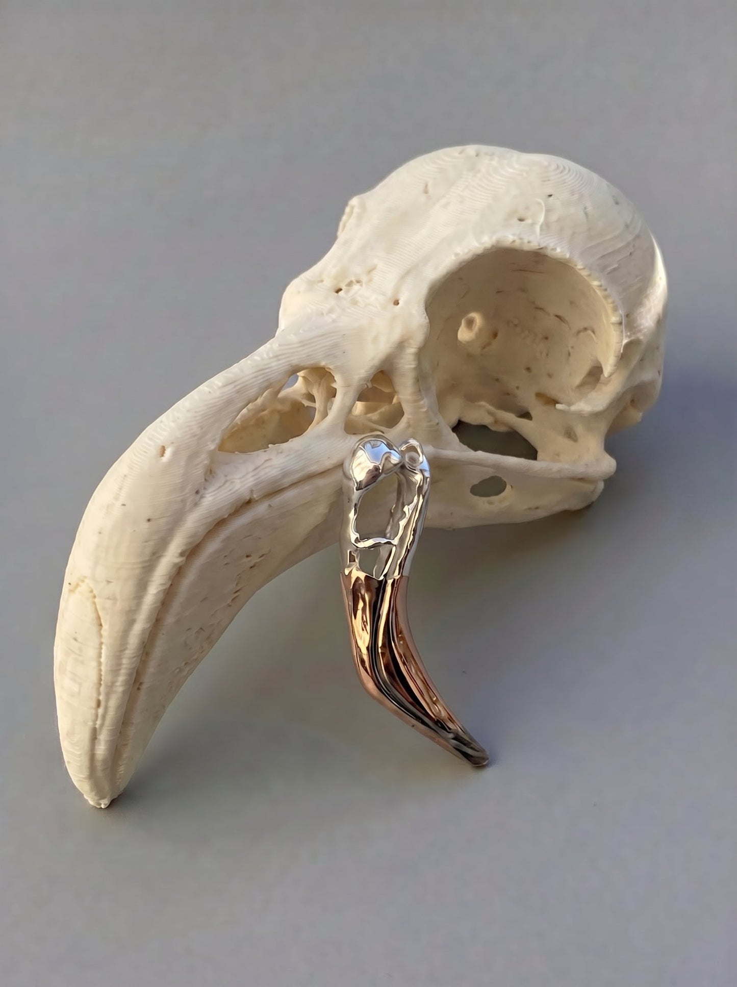 Flamingo Skull Pendant displayed on sculptural stand with soft shadows, capturing anatomical detail and polished finish.