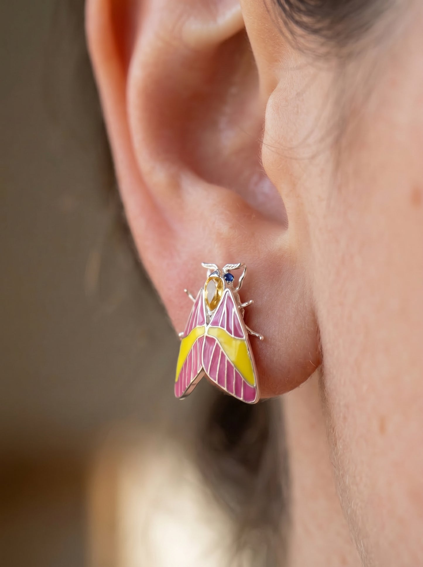 Rosy Maple Moth Earrings – Enamel Wings, Gemstone Eyes & Yellow Crystal Accent