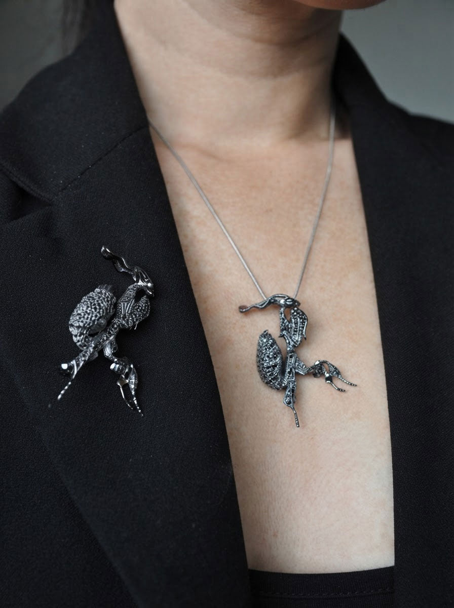 Black Crystal Ghost Mantis Brooch – Collectible Entomology Jewelry