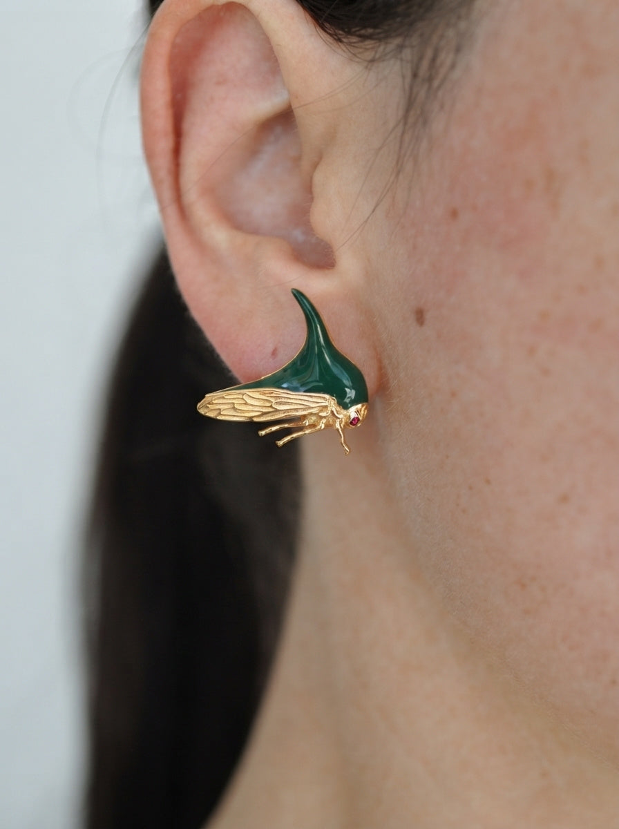 Treehopper Stud Earrings – Deep Green Enamel & Gold‑Plated | Nature‑Inspired Insect Jewelry - Earrings