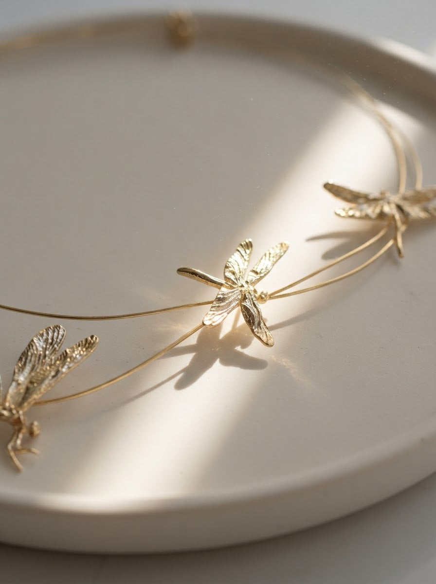 Dragonfly Flight Necklace — Sculptural Multi‑Wire Nature Jewelry in Sterling Silver or Gold
