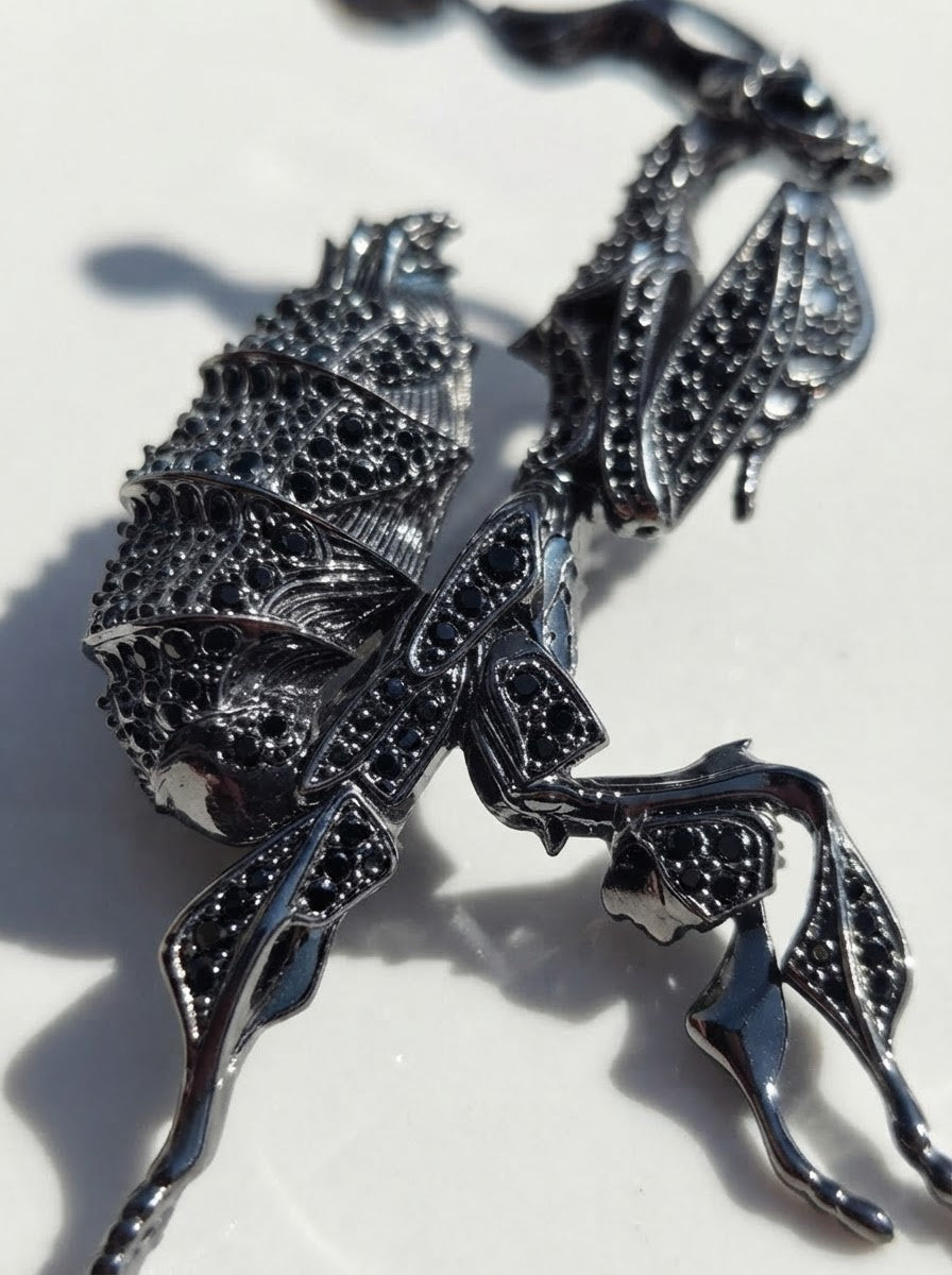 Black Crystal Ghost Mantis Pendant – Statement Entomology Jewelry