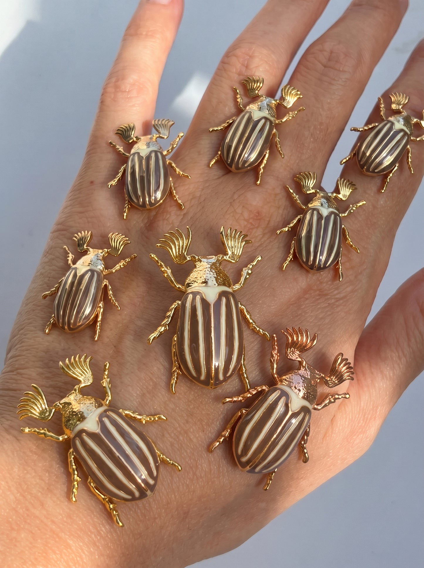 June Bug Pendant — Sterling Silver, 14k Gold‑Plated, Rhodium‑Plated, or Polished Bronze with Bronze & Off‑White Enamel