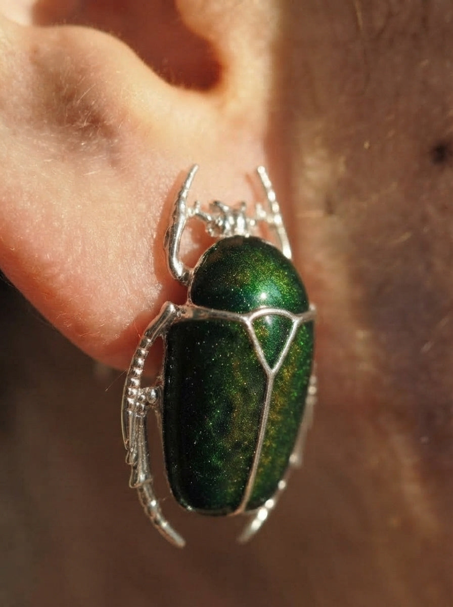 Green & Yellow Enamel Flower Beetle Stud Earrings – Sculptural Insect Jewelry