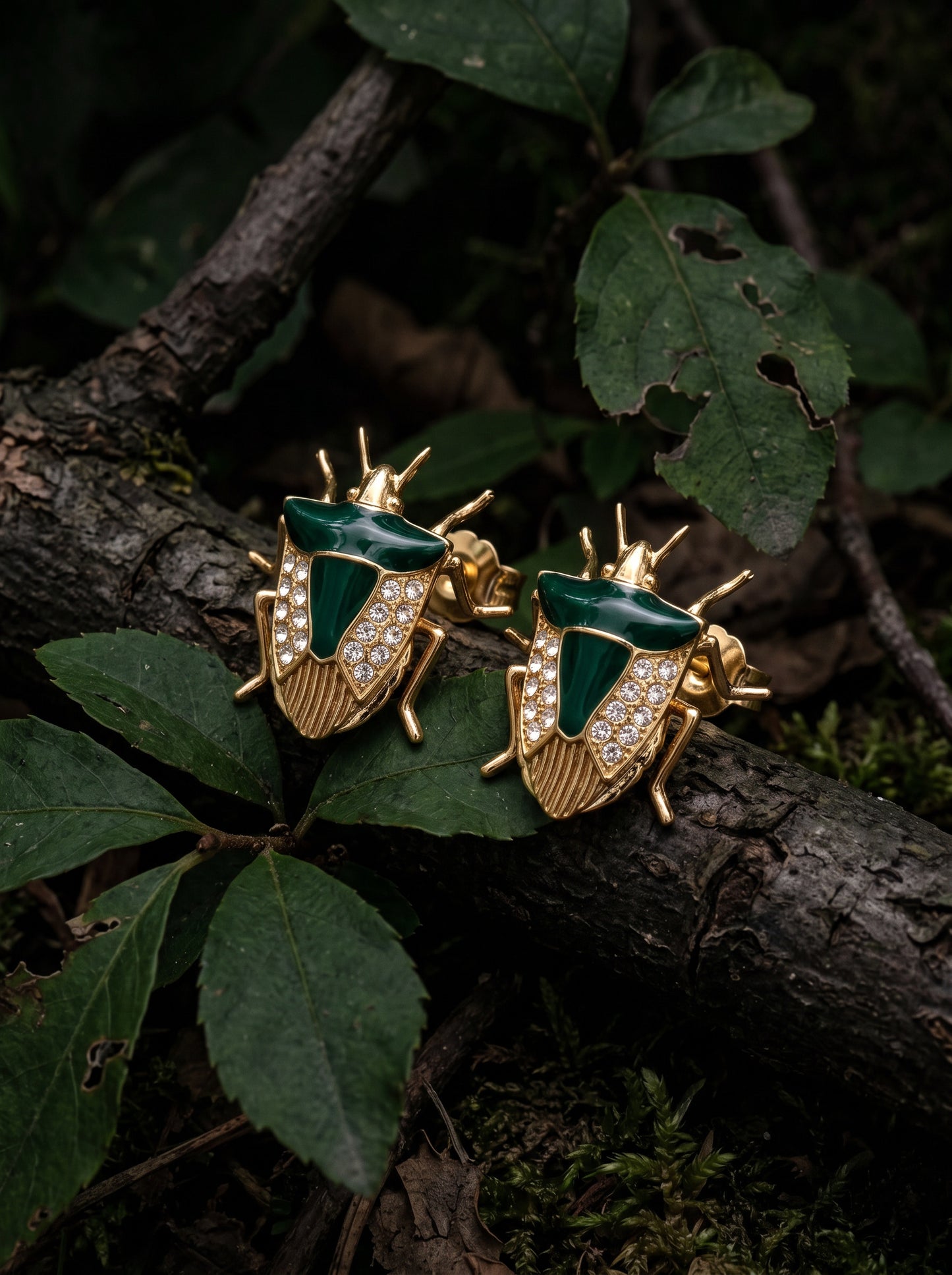 Stink Bug Stud Earrings with Deep Green Enamel • Silver or 14k Gold‑Plated