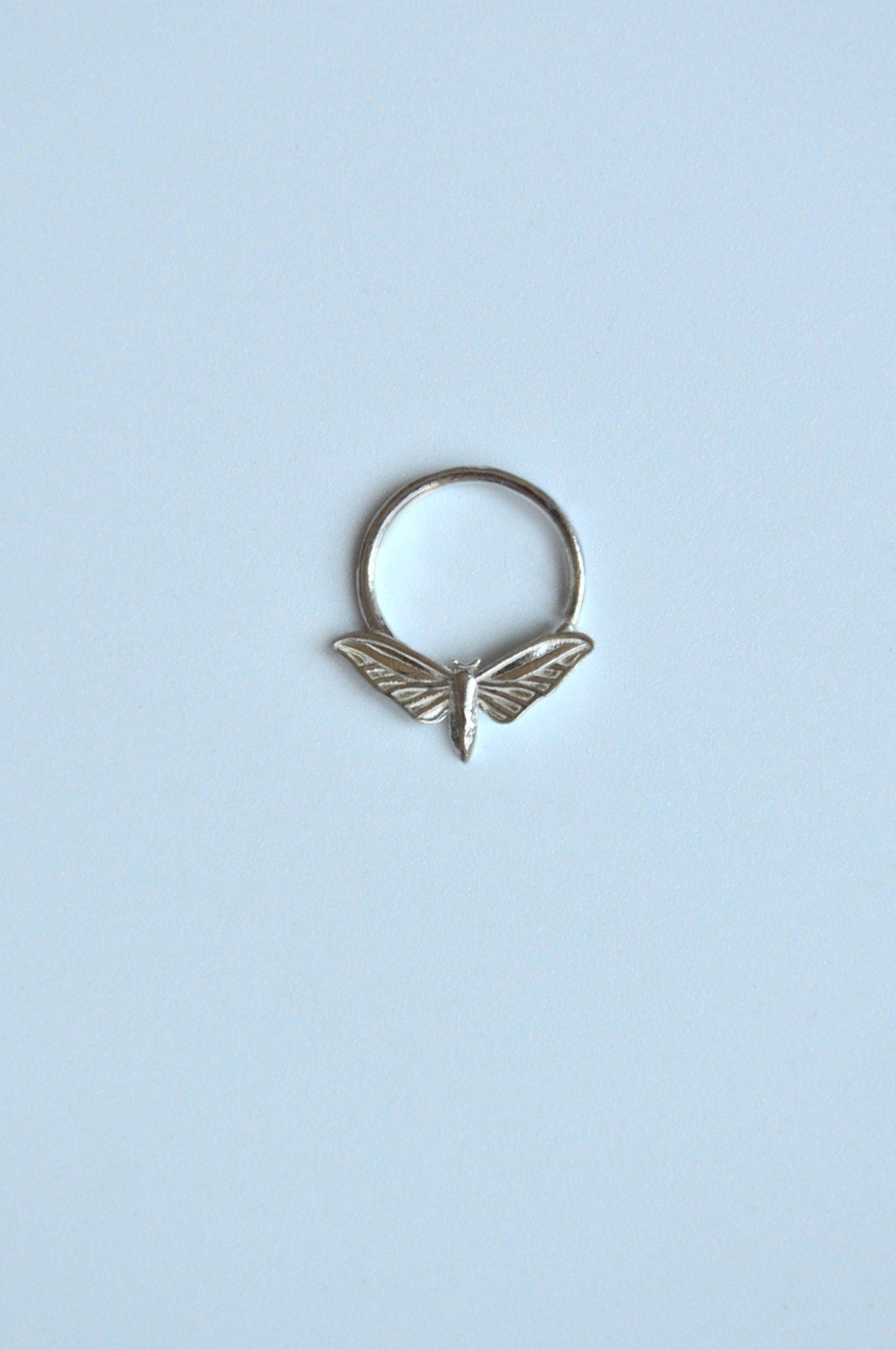 Sterling silver hawk moth septum ring with detailed insect design for nature-inspired jewelry lovers