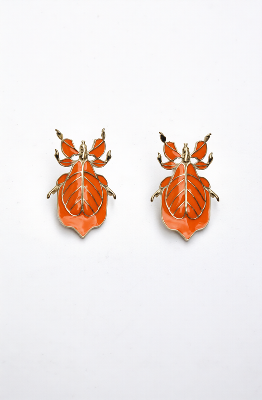 Phylliidae Orange Leaf Insect Earrings – Gold or Silver Studs with Orange Enamel