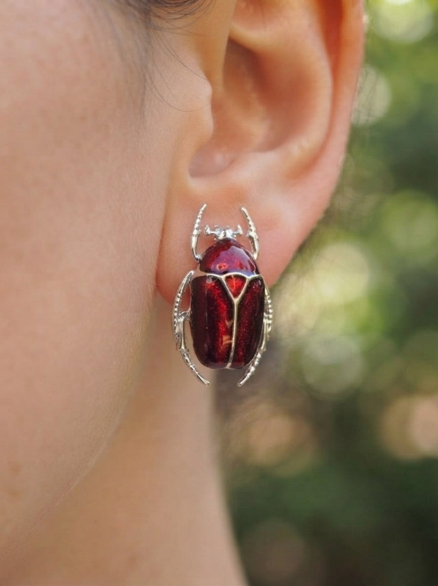 Glossy Dark Red Enamel Flower Beetle Stud Earrings – Nature Inspired Insect Jewelry