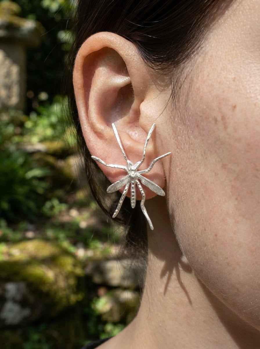 Crane Fly Stud Earrings – Sterling Silver or 14k Gold‑Plated | Sculptural Insect Jewelry