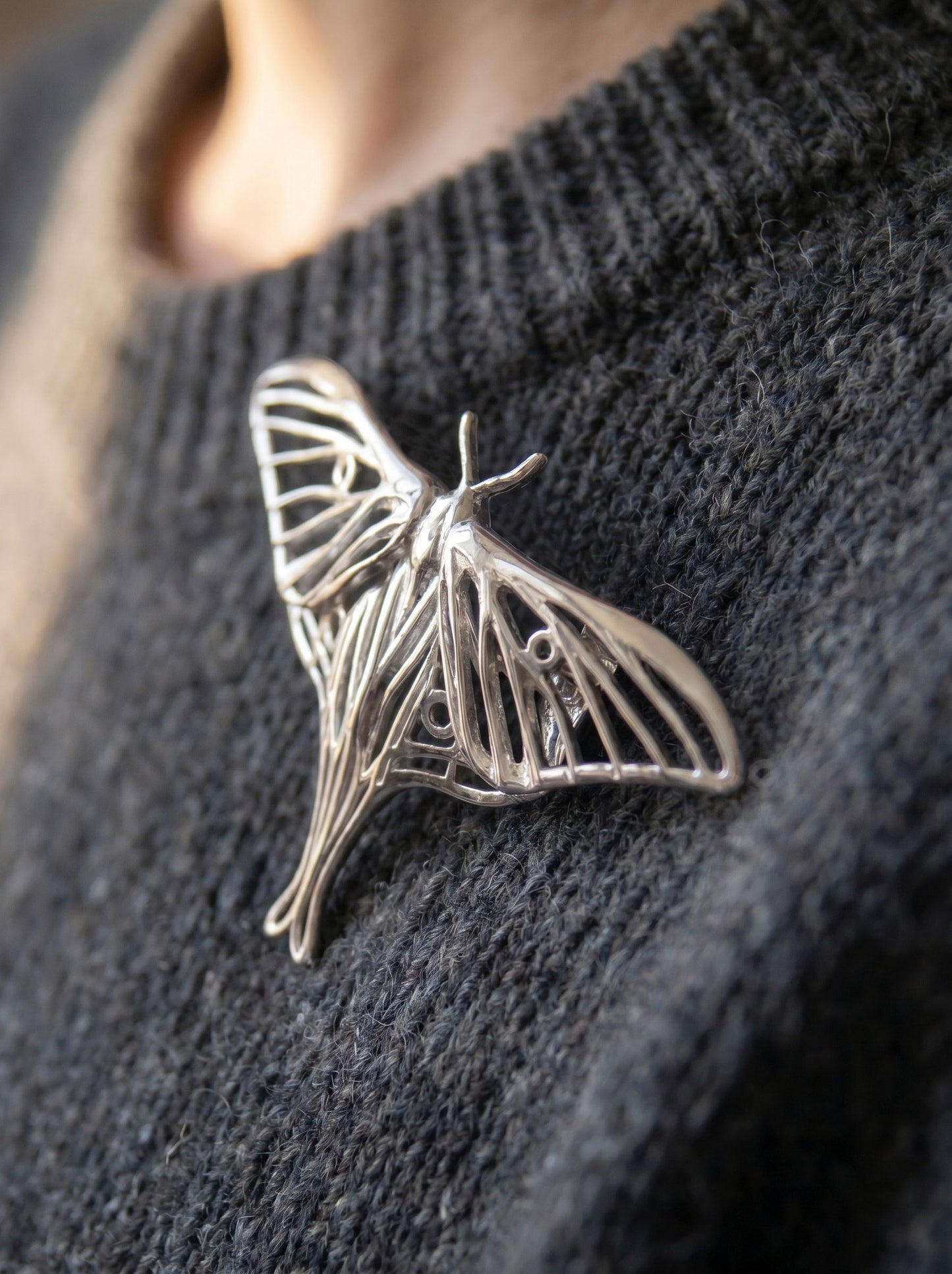 Silver Luna Moth Brooch – Handmade Celestial Insect Jewelry