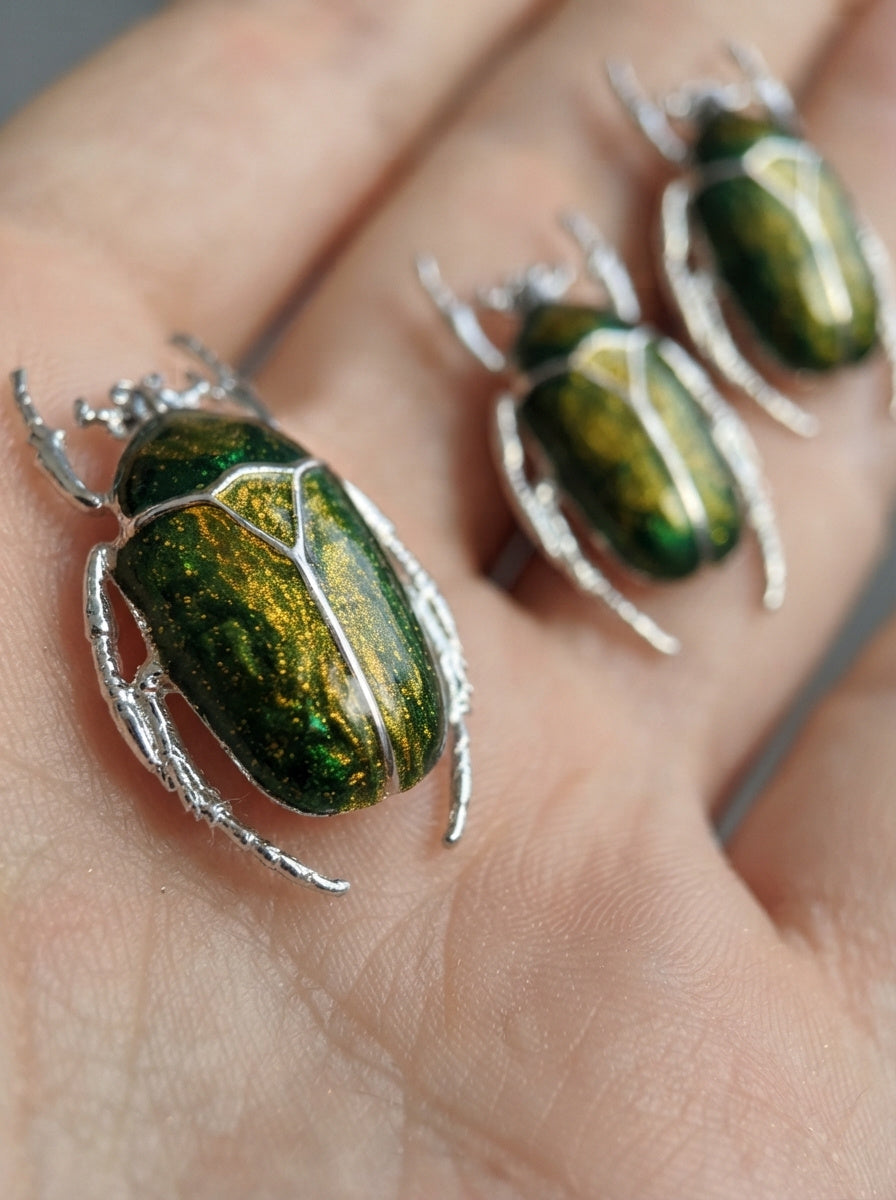 Green & Yellow Enamel Flower Beetle Stud Earrings – Sculptural Insect Jewelry