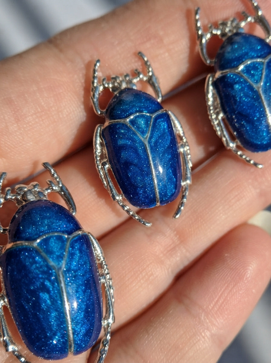 Blue Enamel Flower Beetle Pendant – Sculptural Insect Jewelry
