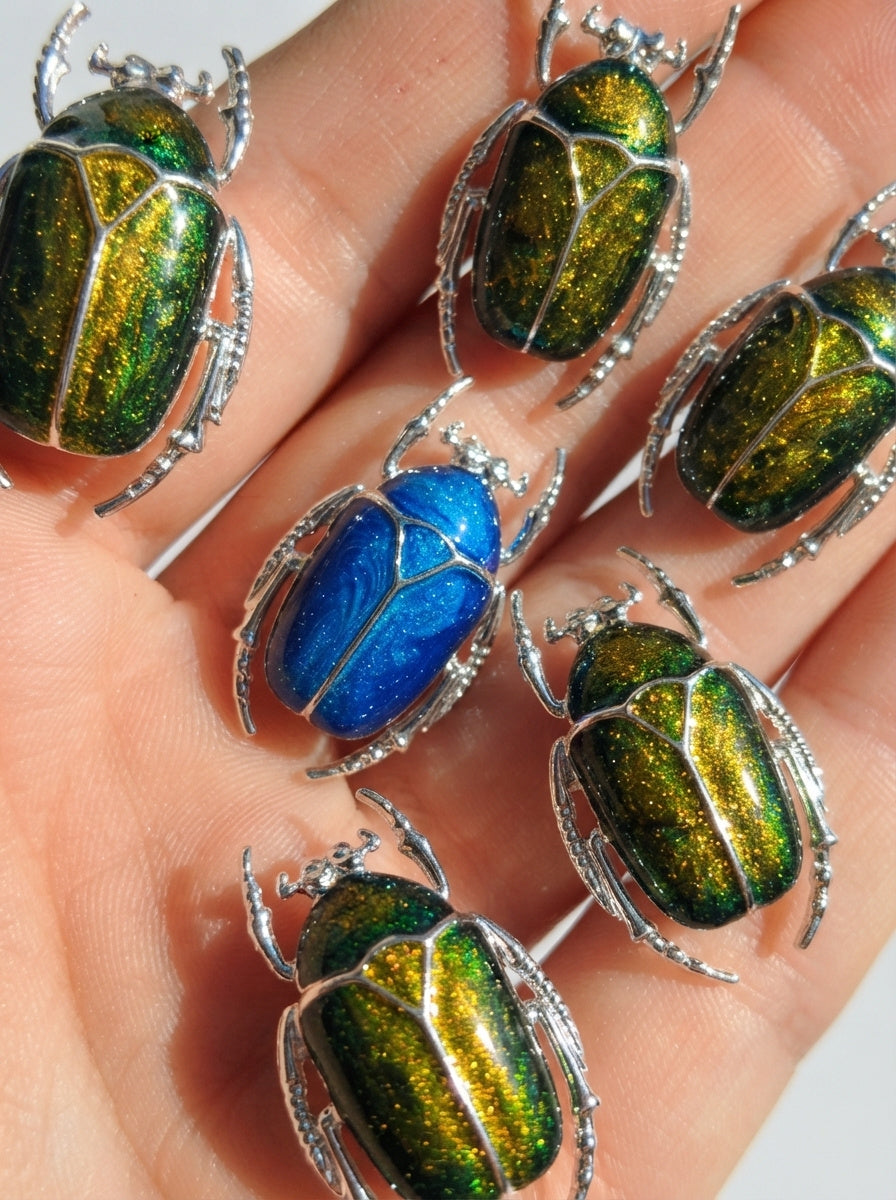 Green & Yellow Enamel Flower Beetle Pendant – Sculptural Insect Jewelry
