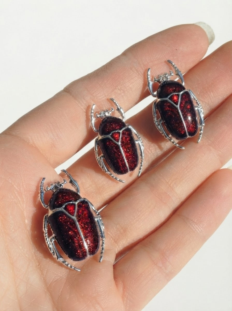 Dark Red Enamel Flower Beetle Pendant – Insect Necklace, Nature Inspired Jewelry