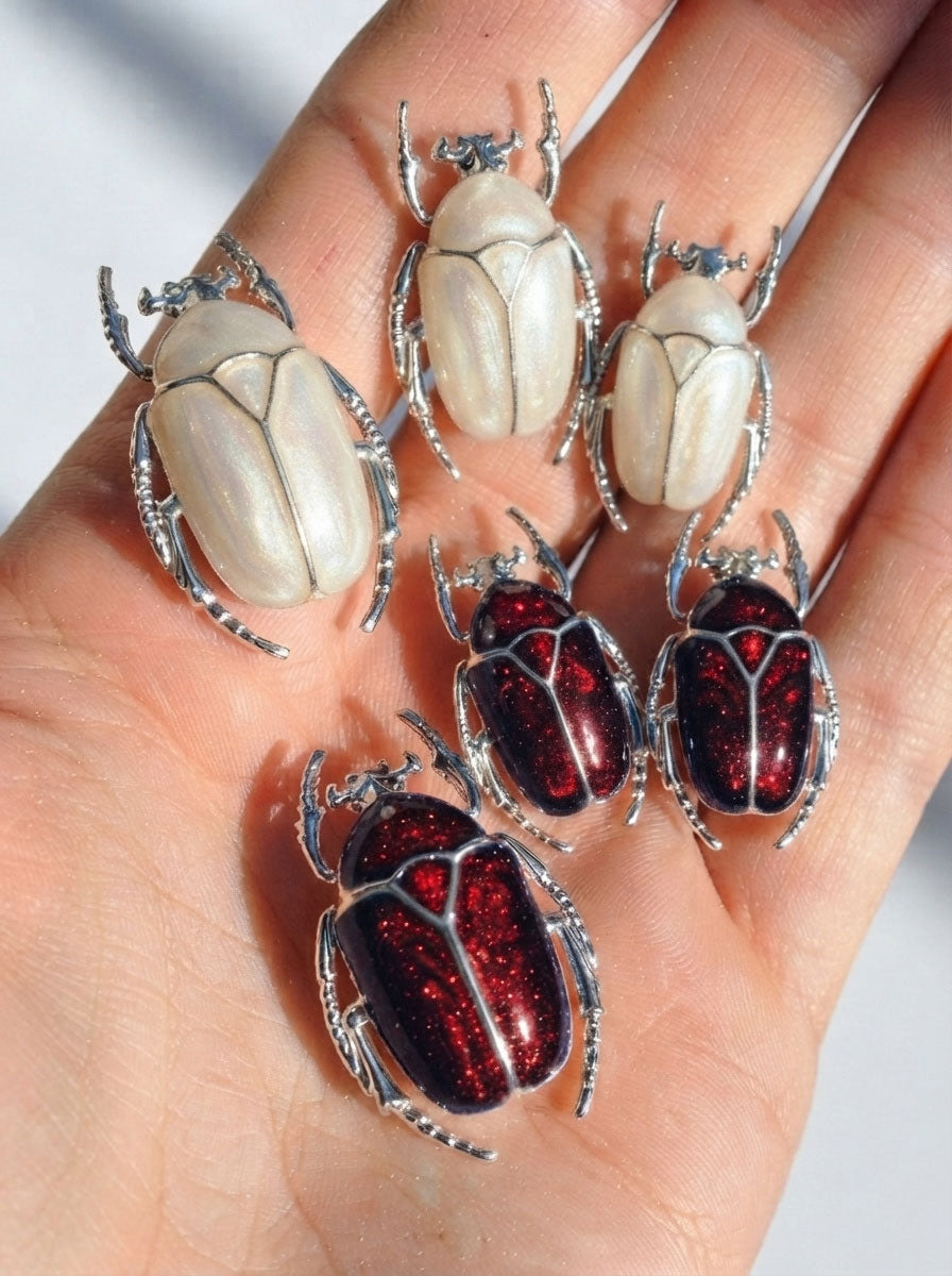 Dark Red Enamel Flower Beetle Pendant – Insect Necklace, Nature Inspired Jewelry