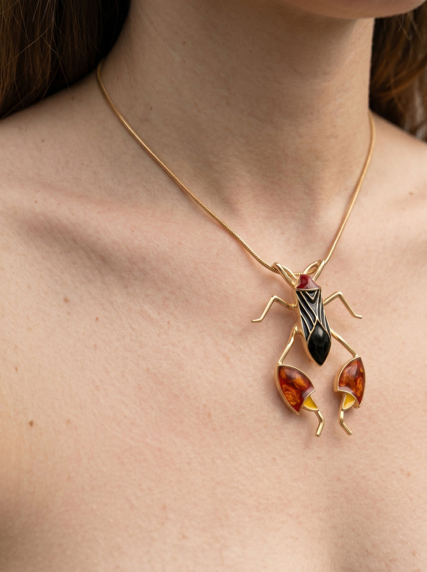 Leaf‑Footed Bug Pendant – Enamel Finish | Nature‑Inspired Sculptural Jewelry