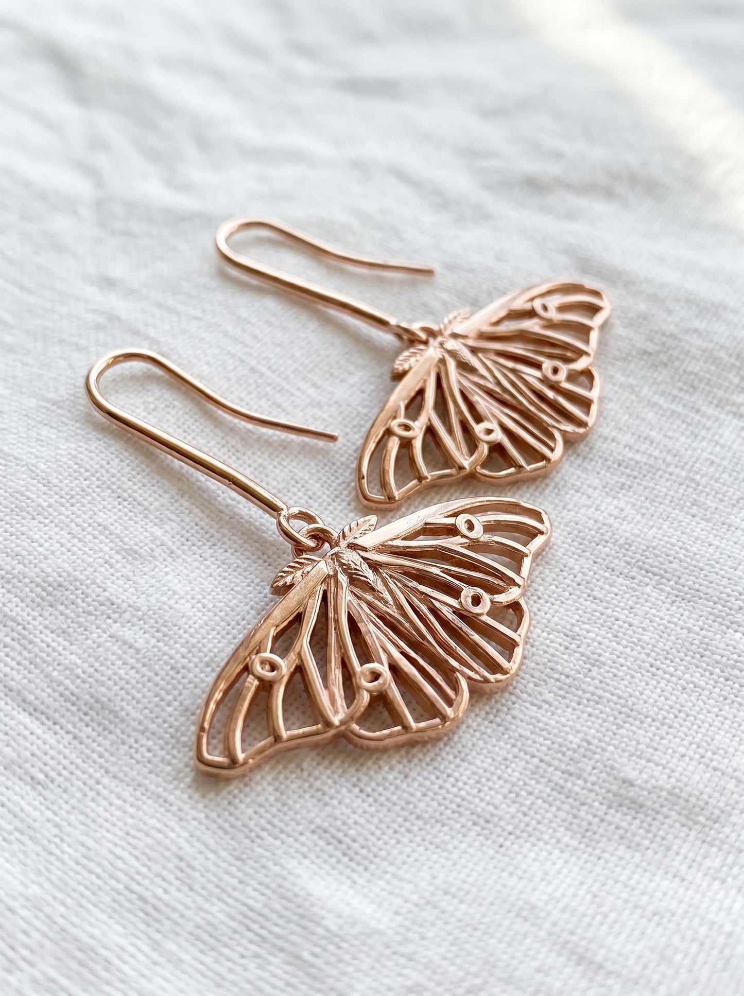 Custom Ghostly Silk Moth Earrings (Hooks, 14k Rose‑Gold Plated)